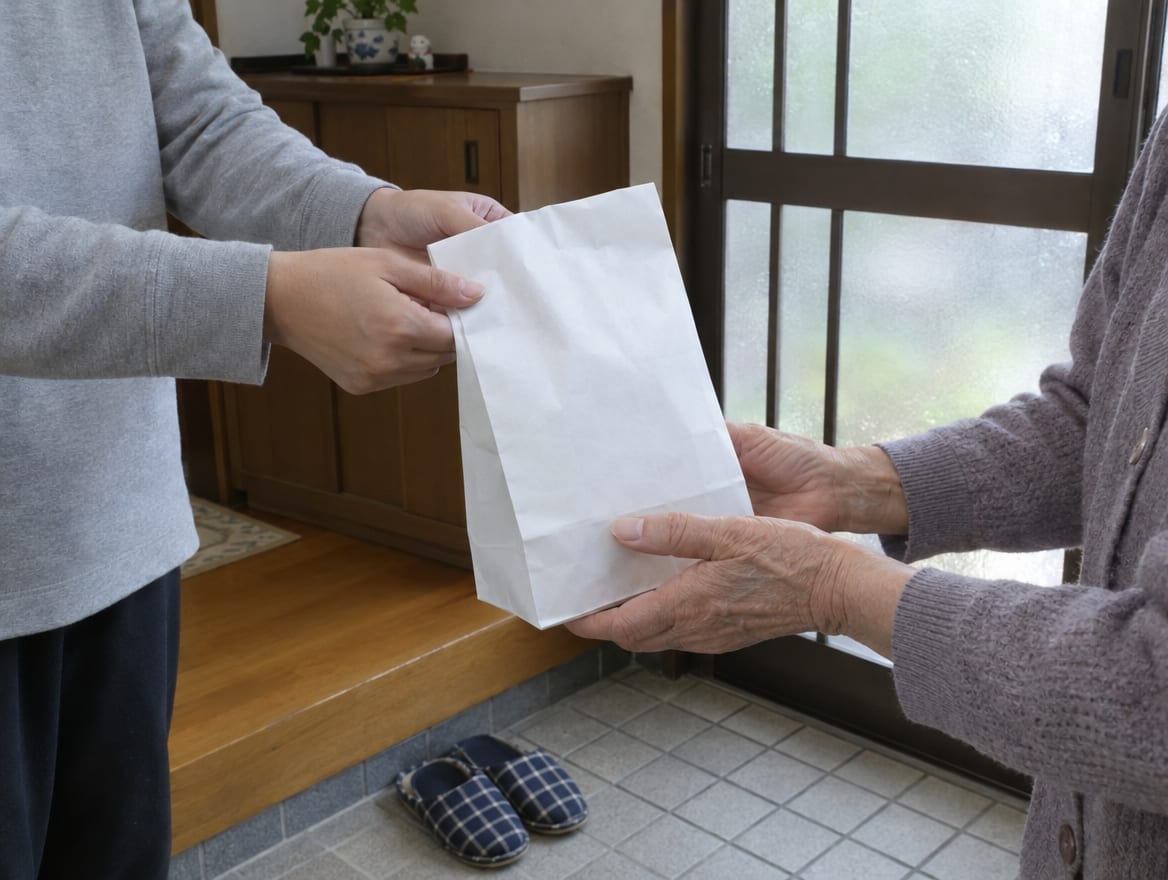 薬局の紙袋に入ったお薬を玄関先で手渡すイメージ