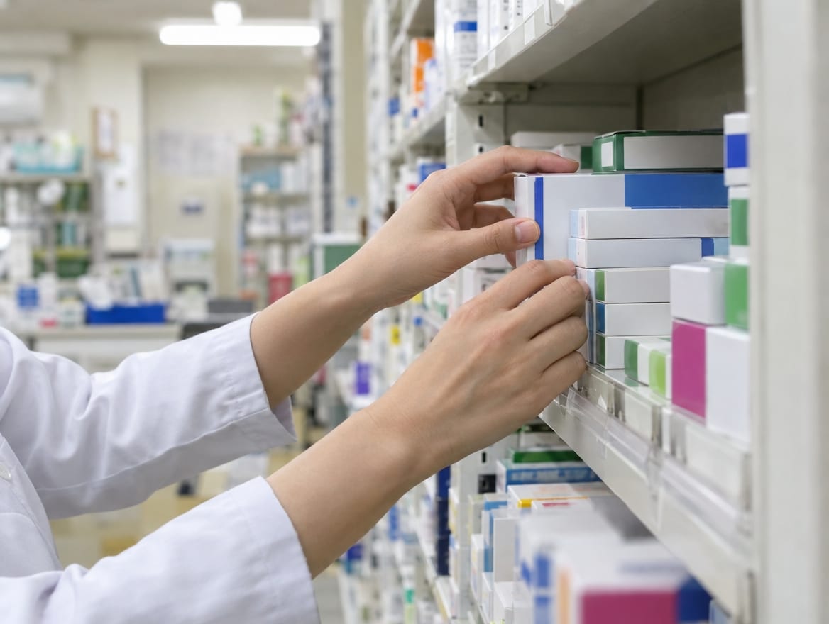 薬局の棚でお薬を整える手元のイメージ