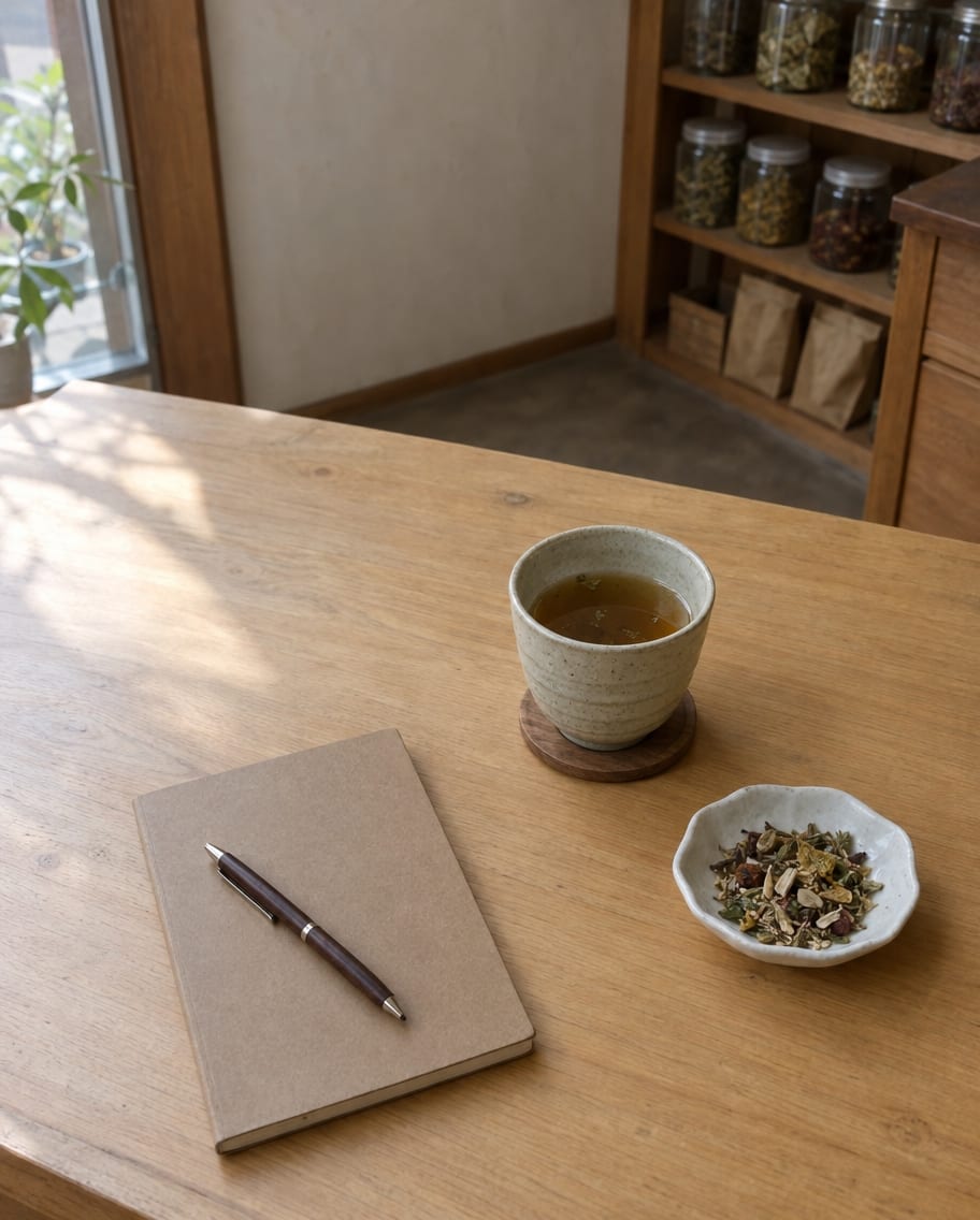 相談の机に置かれたお茶と帳面のイメージ
